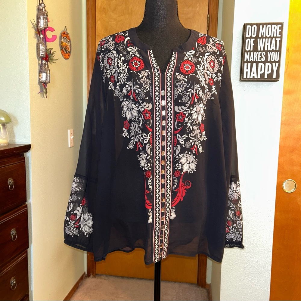 Chico’s sheer black floral embellished long sleeve blouse size 3 (XL) boho